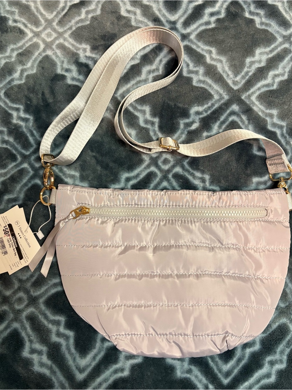Light Gray Puffer Crossbody Belt Bag with Adjustable Strap